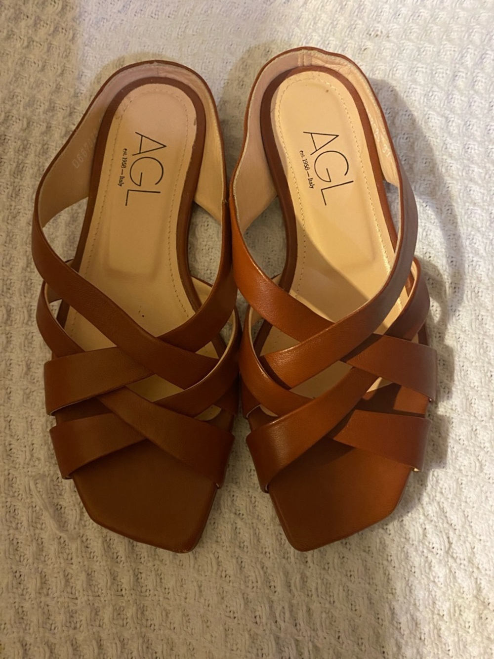 AGL Cognac Brown Leather Crisscross Slide Mules